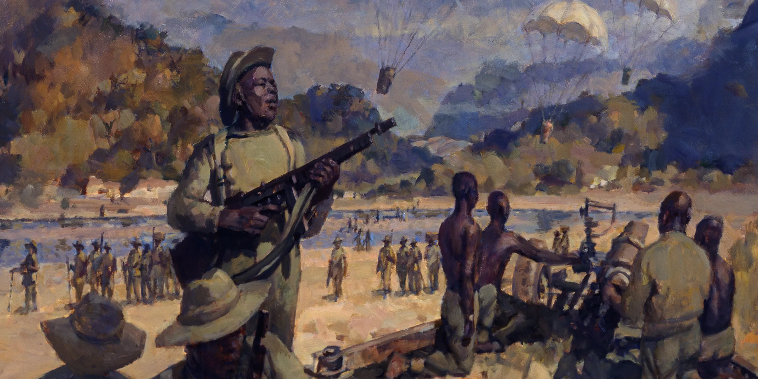 A historical scene depicting soldiers and military equipment, with parachutes descending over a river and hills in the background.
