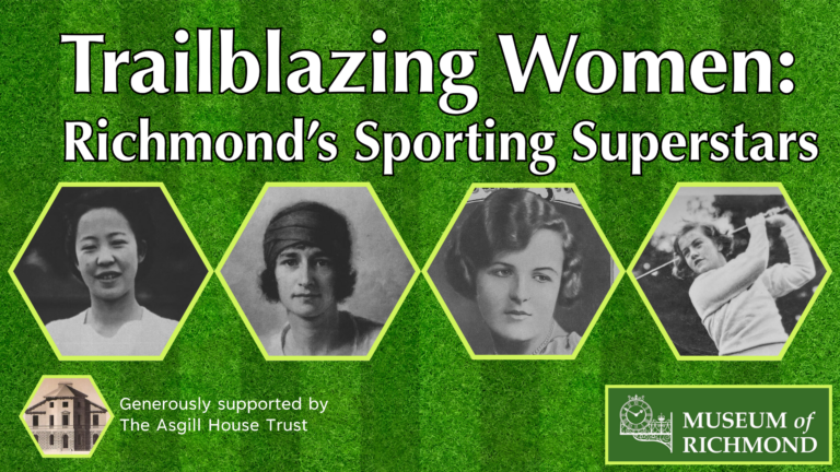 Four historical images of female athletes displayed on a vibrant green background, promoting Richmond's sporting achievements.