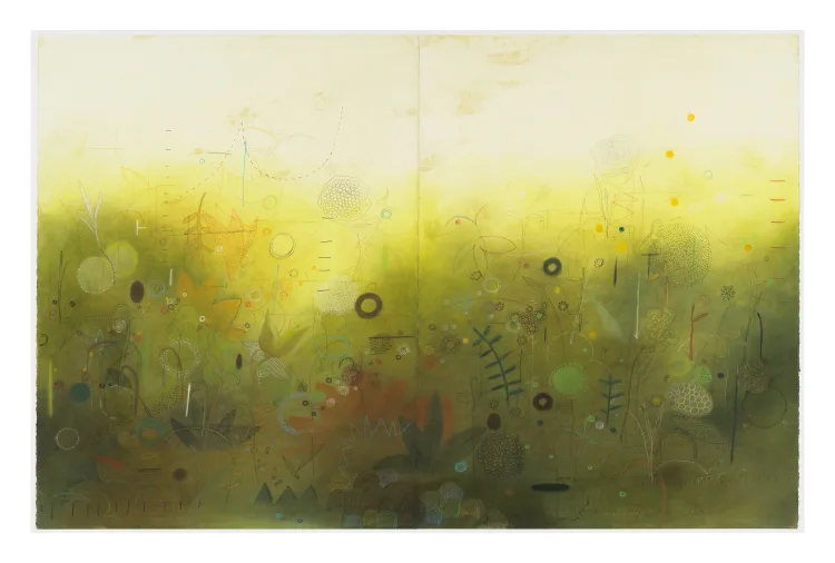 Abstract landscape painting, featuring a gradient of greens and yellows, with various small, stylized shapes and marks representing plants and elements.