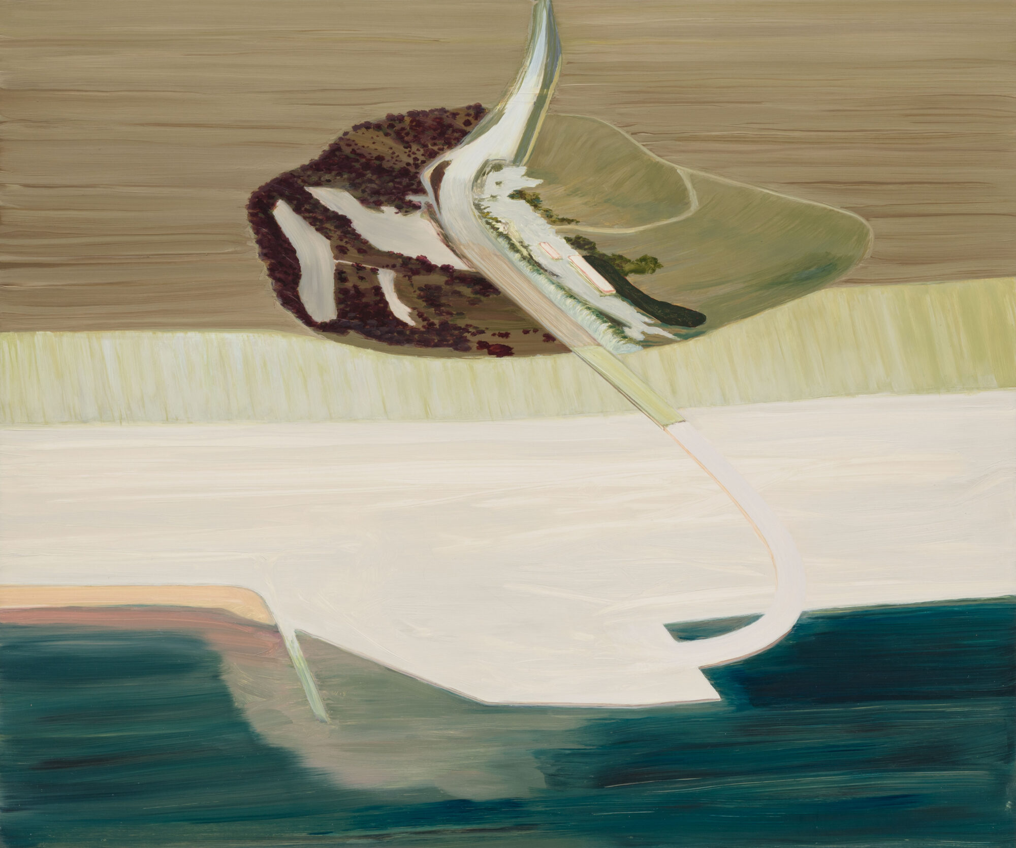 An abstract composition featuring flowing shapes and muted colors, with hints of green, brown, and blue creating a serene landscape feel.