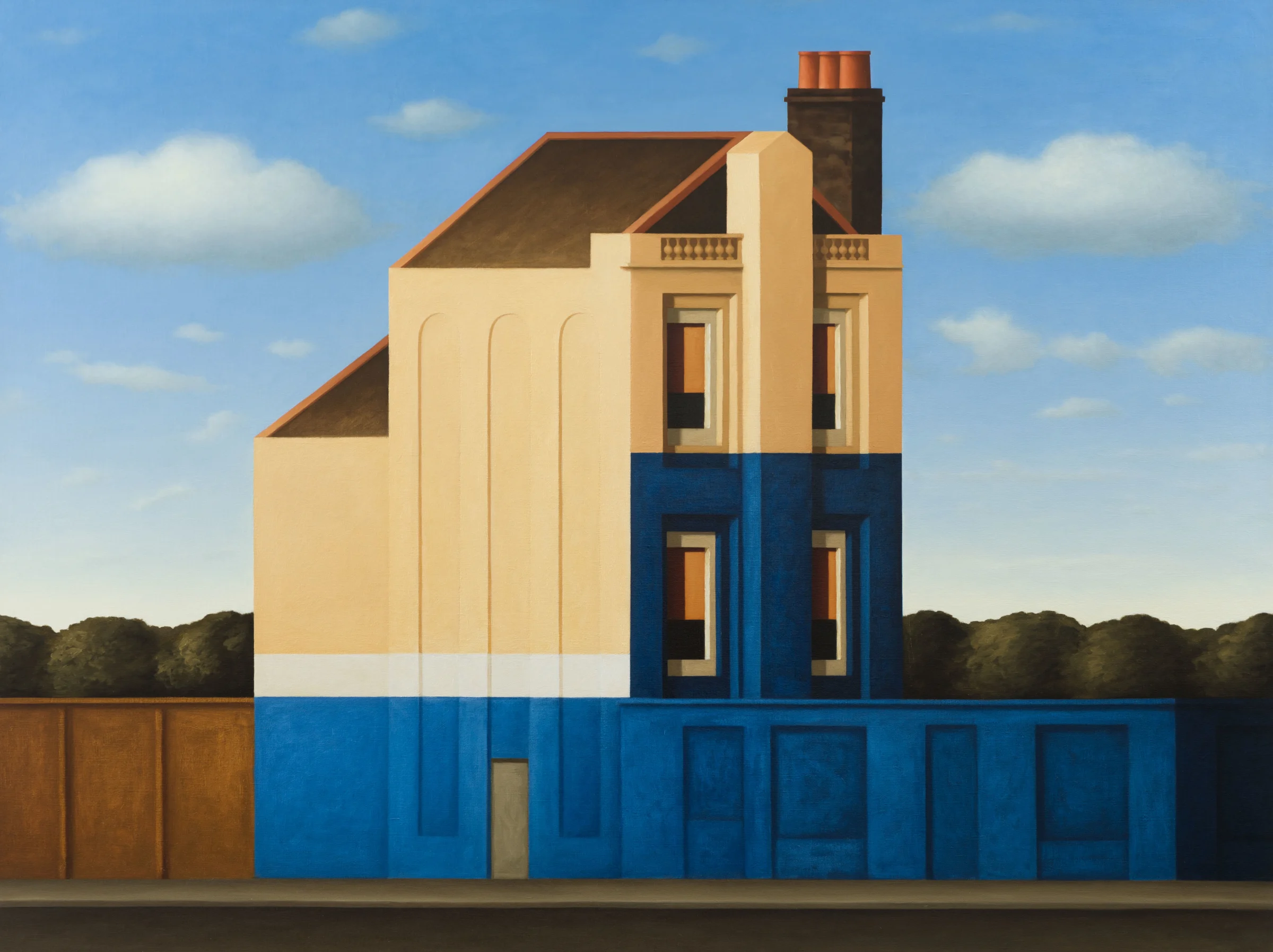 A stylized building painted in yellow and blue, set against a clear sky with fluffy clouds, surrounded by lush greenery.