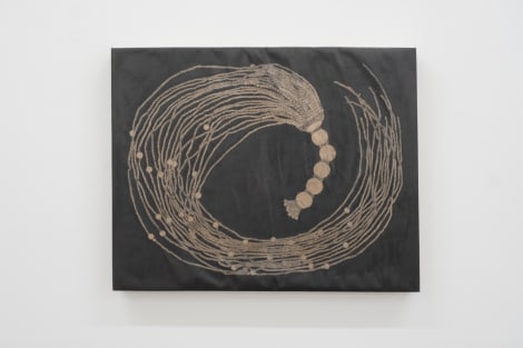 An abstract artwork featuring intertwined threads and circles in beige against a black background, resembling flowing hair or a wave.
