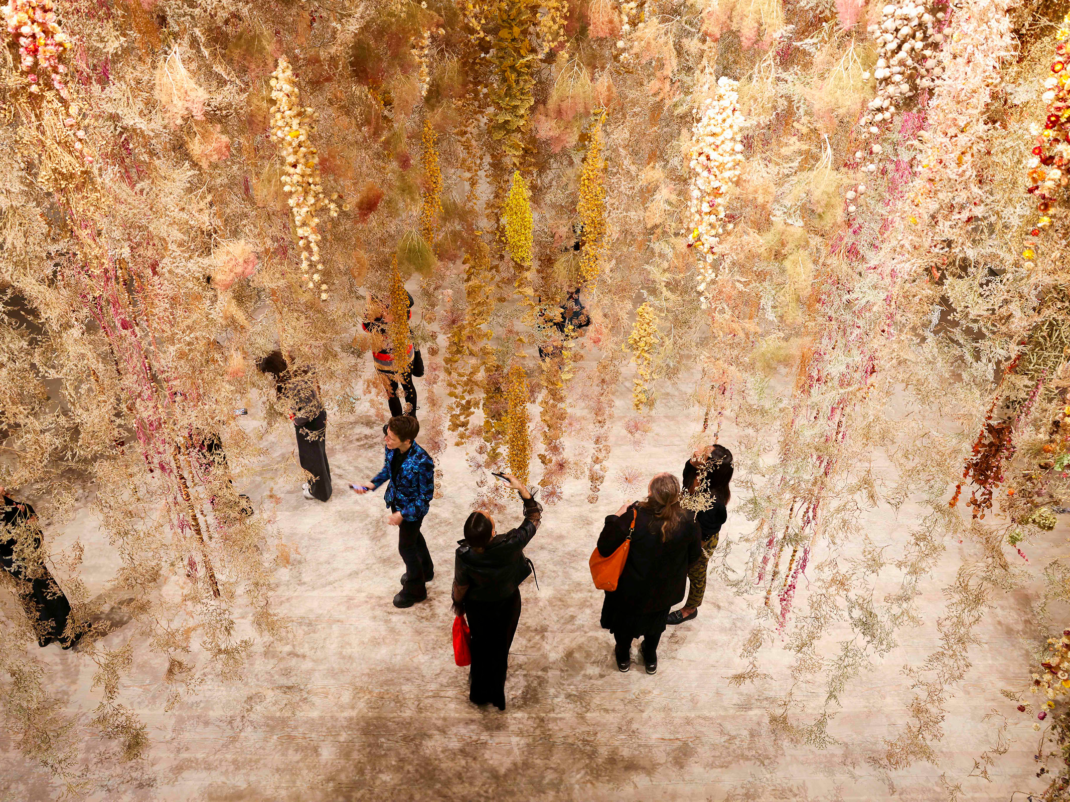 Elevated view of an art installation featuring numerous hanging, dried flower arrangements, with visitors exploring the space.