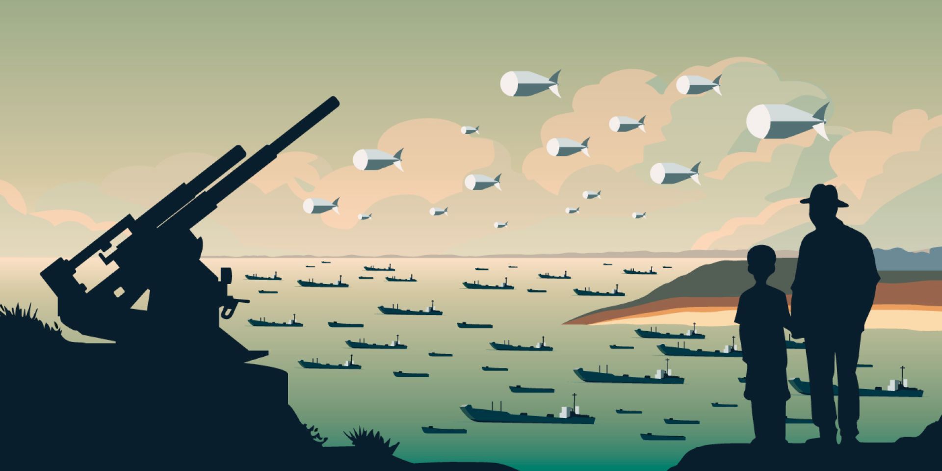 Silhouette of a large artillery gun overlooking a body of water with numerous ships and multiple flying objects, with two figures standing in the foreground.