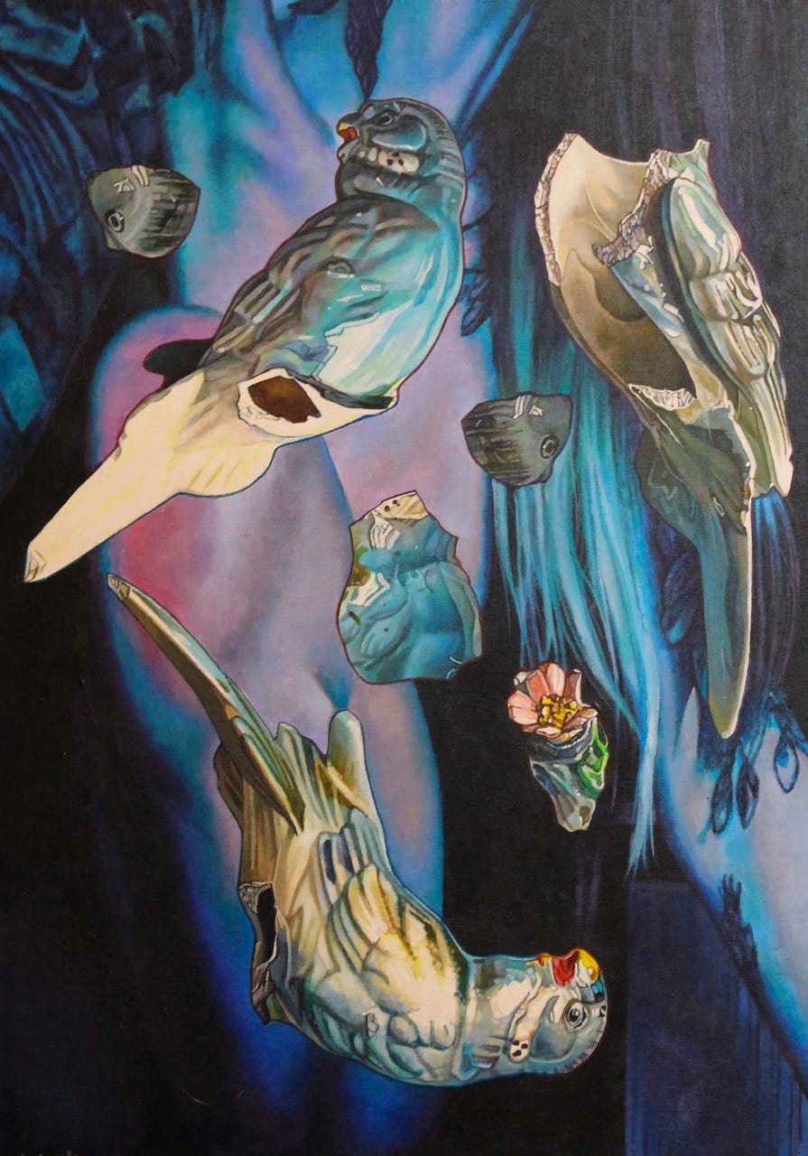 Abstract painting of blue budgerigars and fragmented shells against a dark background, hinting at themes of transformation and nature.