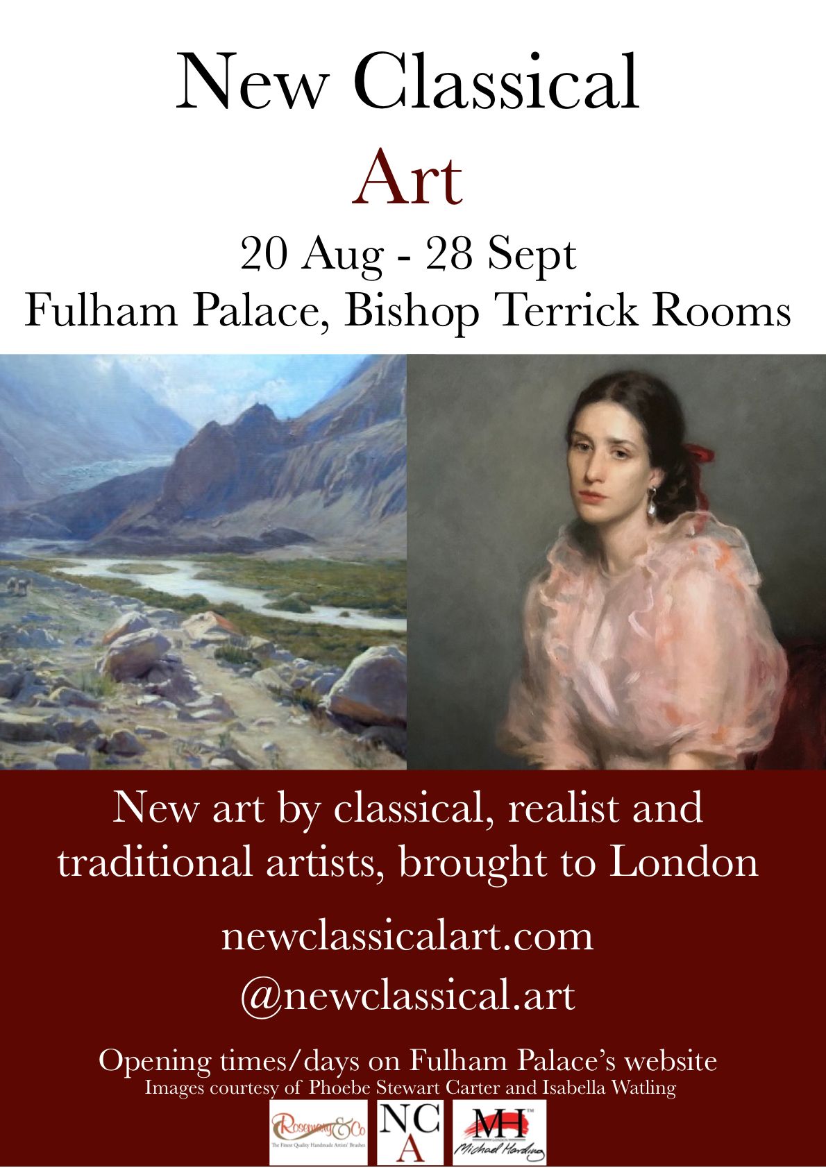Poster for "New Classical Art" exhibition at Fulham Palace, showcasing classical and realist artworks from 20 Aug to 28 Sept.