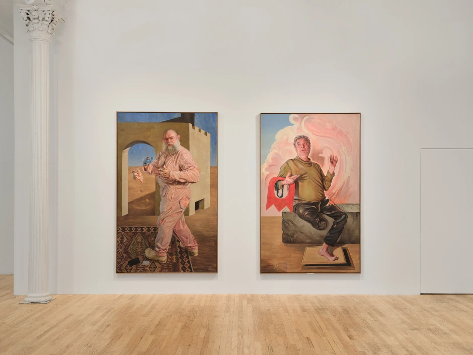 Two large paintings in an art gallery, featuring figures in vibrant clothing against minimalist backgrounds. Elegant wooden flooring enhances the scene.