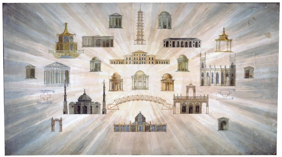 Illustration of various architectural structures radiating from a central point, showcasing diverse designs and historical styles.
