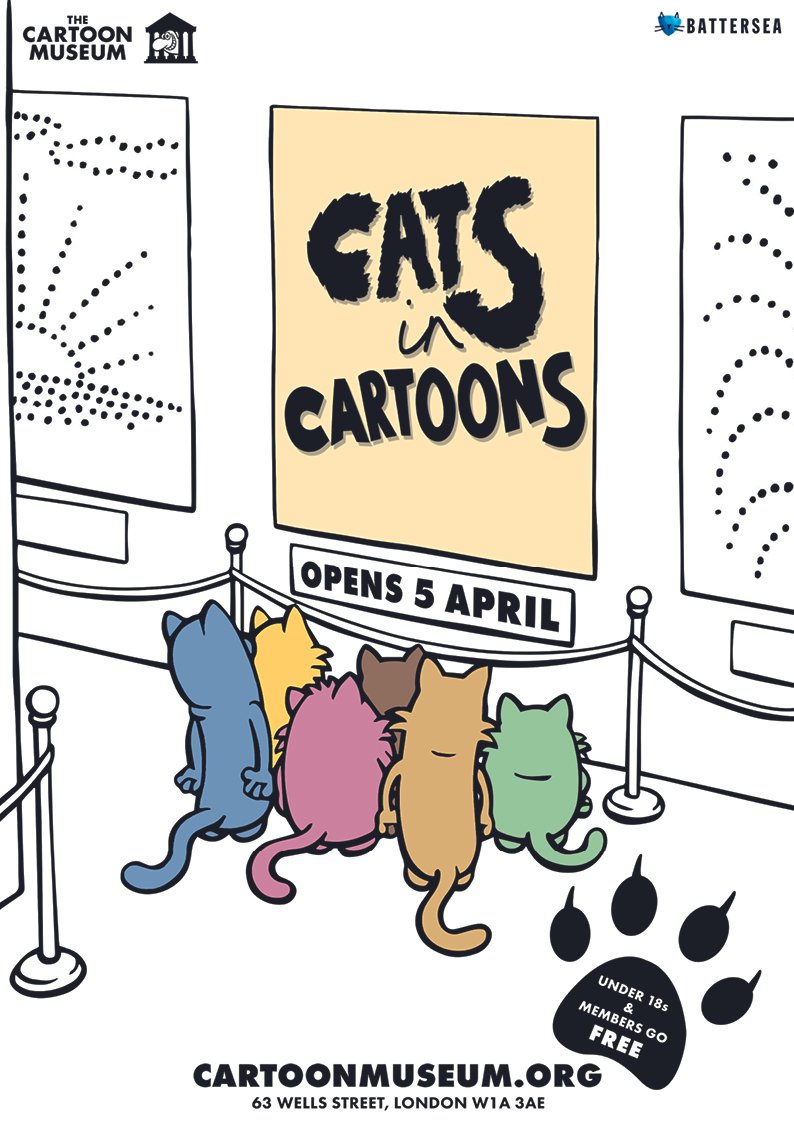 Cartoon museum poster for "Cats in Cartoons" exhibition opening April 5th, featuring cats looking at display.
