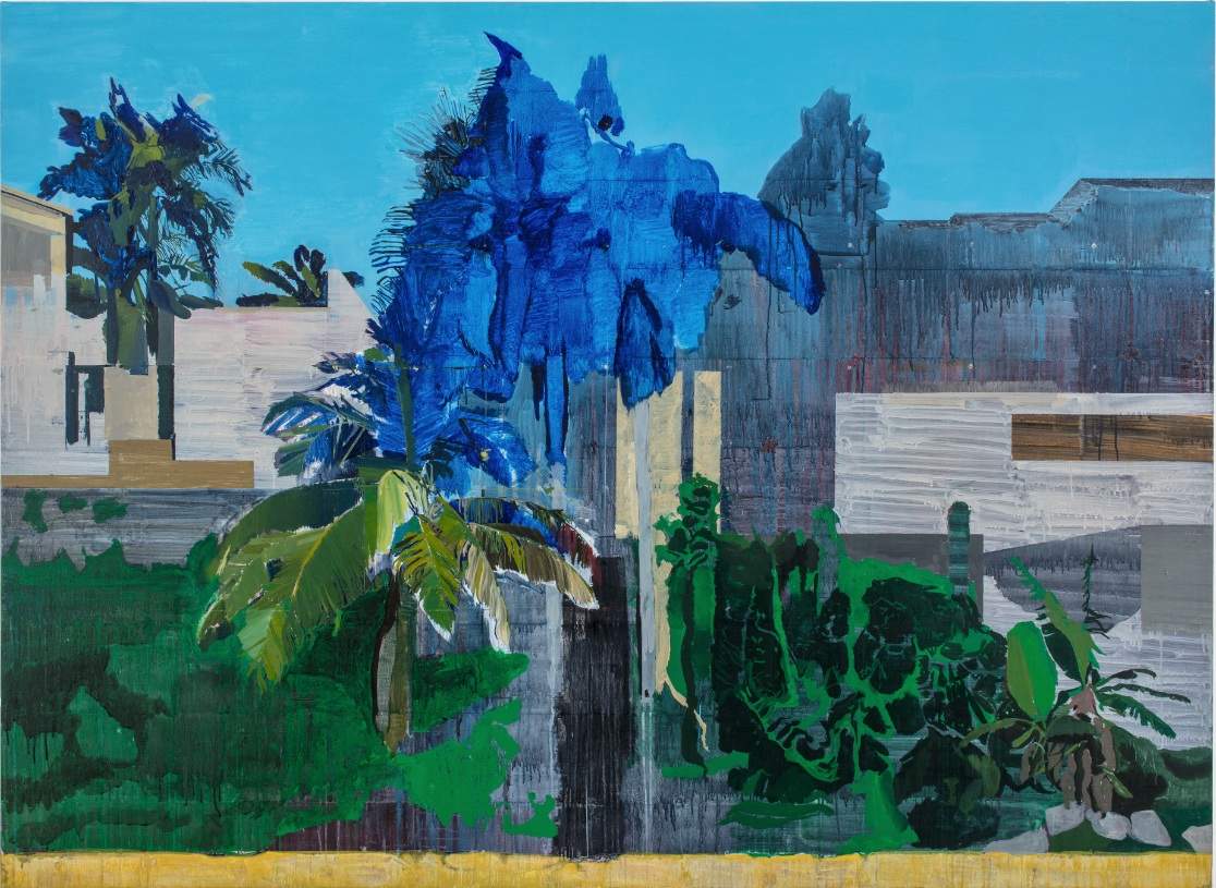 Abstract painting of a tropical landscape featuring vibrant blue palm trees, lush green foliage, and a modern-style building.