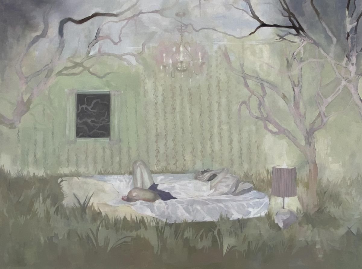 Person lying on a bed surrounded by overgrown foliage in a muted, shadowy room with a window and a chandelier.