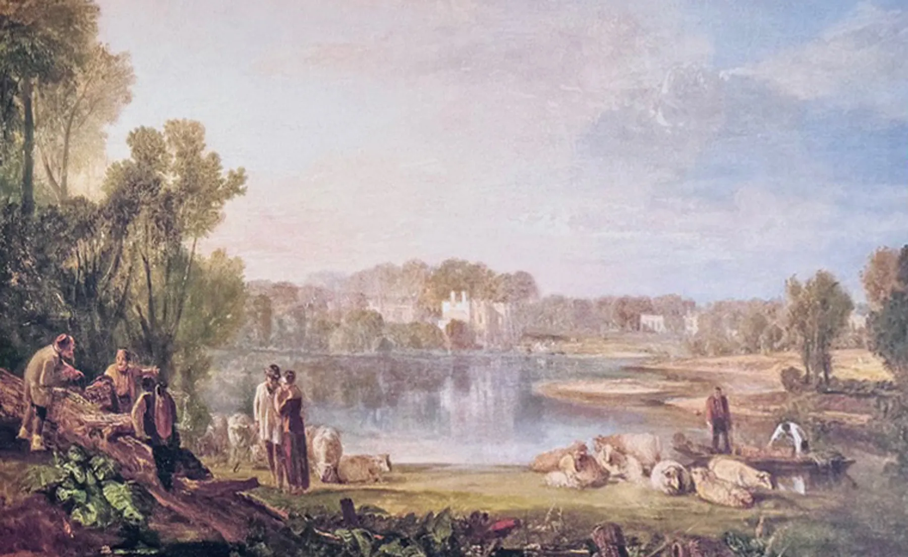 Landscape painting of a serene river scene, featuring people tending sheep near a body of water with a manor house in the distance.