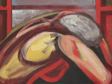 Abstract painting of a hunched figure, predominantly red, with muted tones of gray and yellow, within a framed composition.