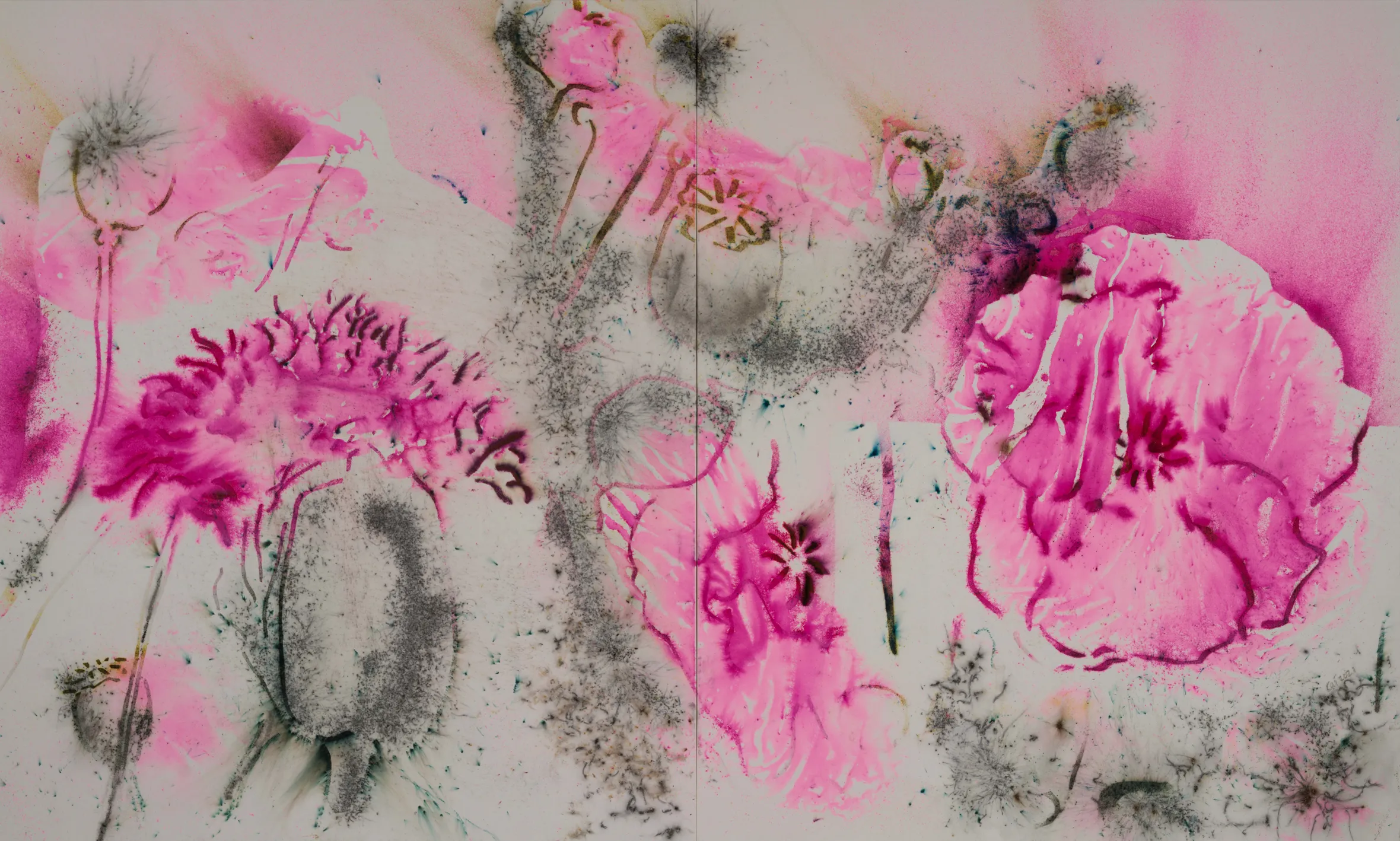 Abstract spray painting of pink poppies and seed pods with speckled grey details.