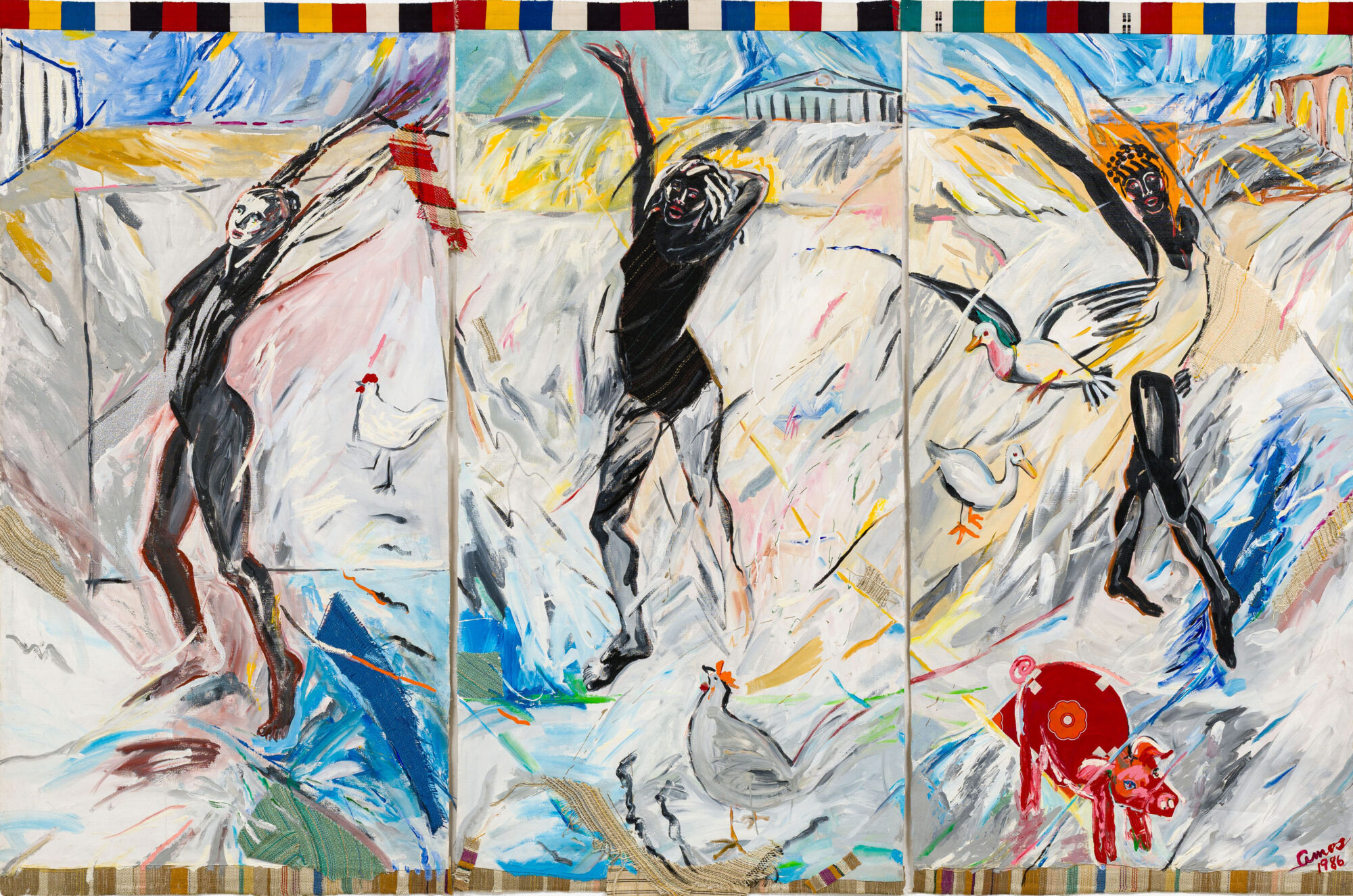 Triptych painting of three dancing figures, chickens, ducks, and a pig, set against a chaotic, abstract background.