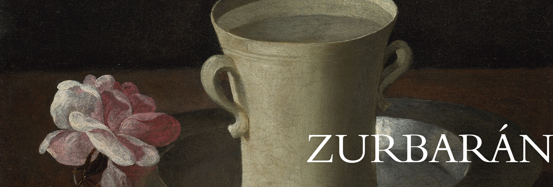 A pale ceramic cup beside a pink flower on a silver platter, set against a dark background, with the text "Zurbarán" below. | 2016–2025 The National Gallery