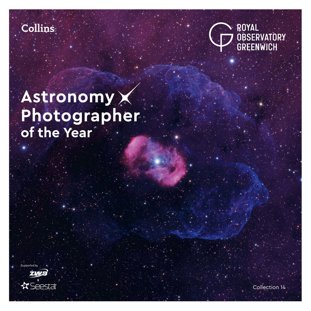 Cover for "Astronomy Photographer of the Year" featuring a vibrant cosmic image with purple and blue hues and starry background.