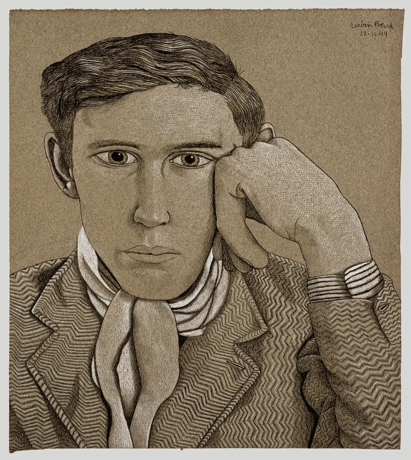 A seated individual rests their chin on their hand, dressed in a patterned jacket and layered accessories, depicted in an intricate drawing.