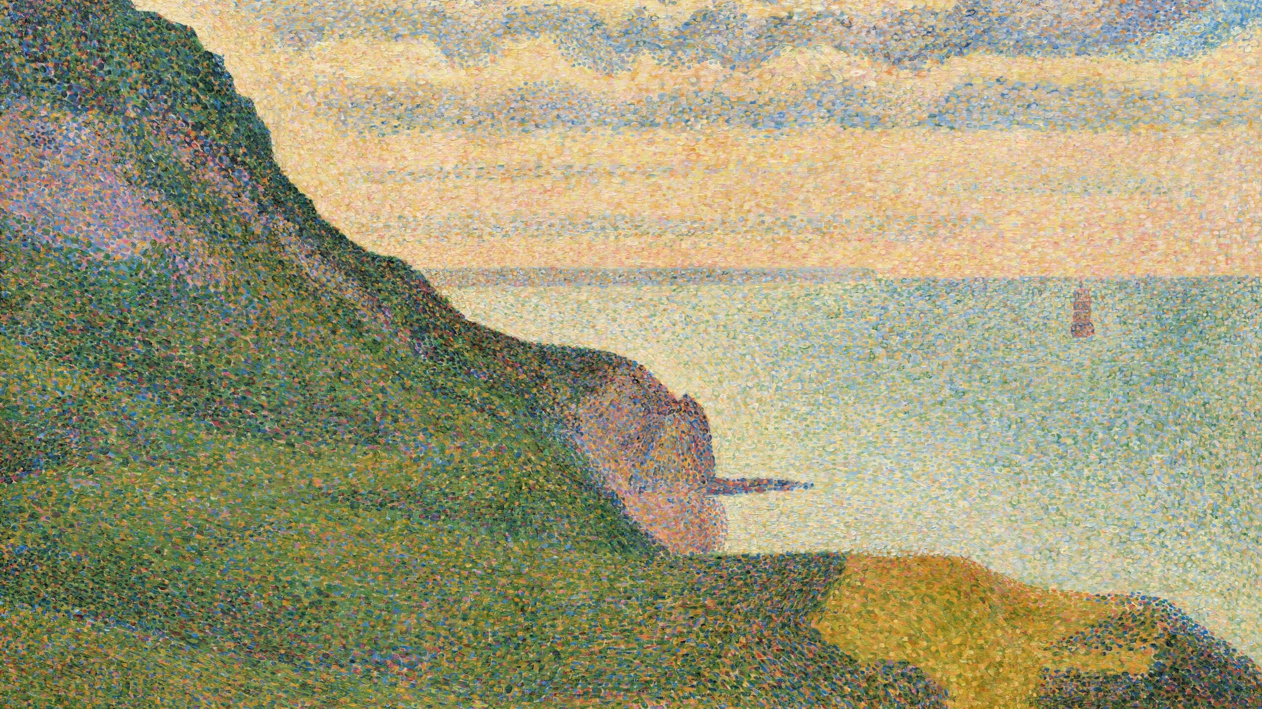 A vibrant landscape featuring a lush green cliff descending toward a tranquil sea, with soft clouds above and a distant sailboat.