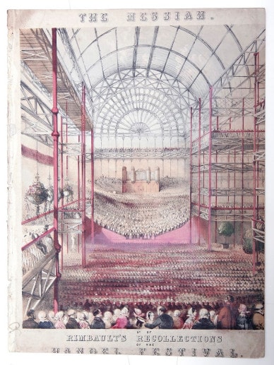 Illustration of a large audience at a musical performance, with a choir on stage, under an ornate glass roof. Title: "The Messiah." | 2025 Foundling Museum