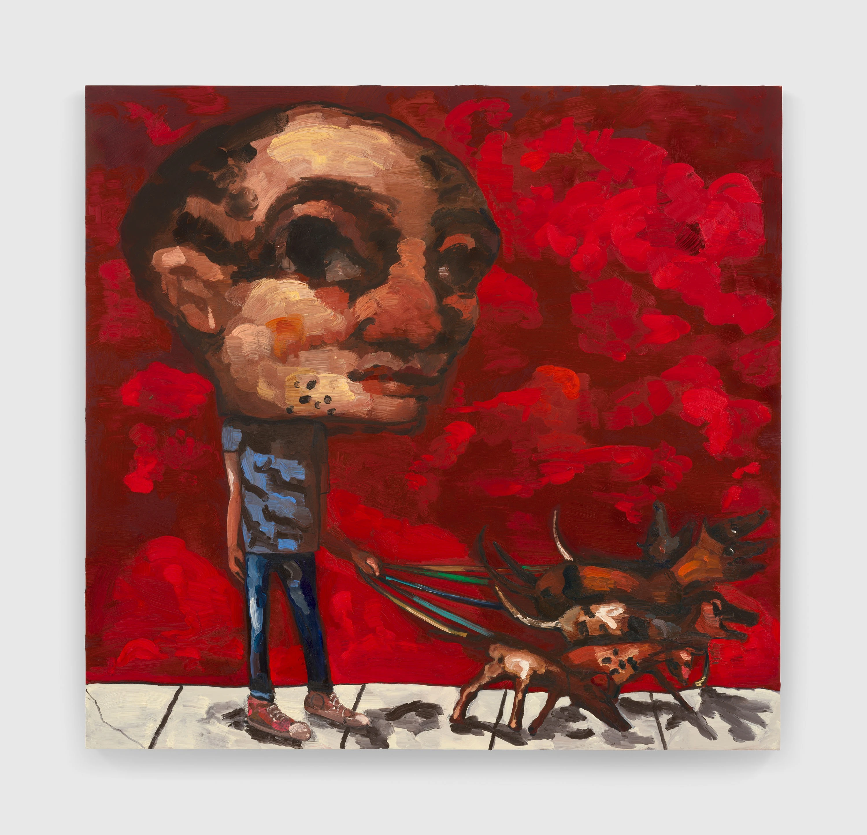 A surreal figure with an oversized head walks multiple dogs against a vivid red background, blending abstraction and social themes.