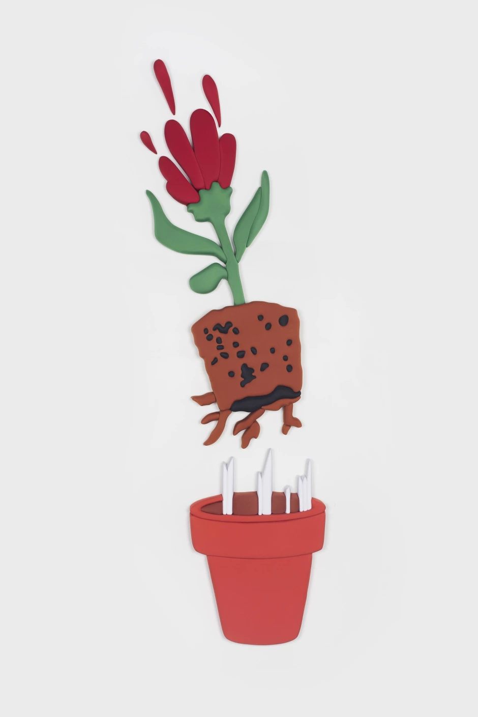 A stylized red flower with green leaves growing from a brown pot, suspended above a red pot with white plant-like spikes.