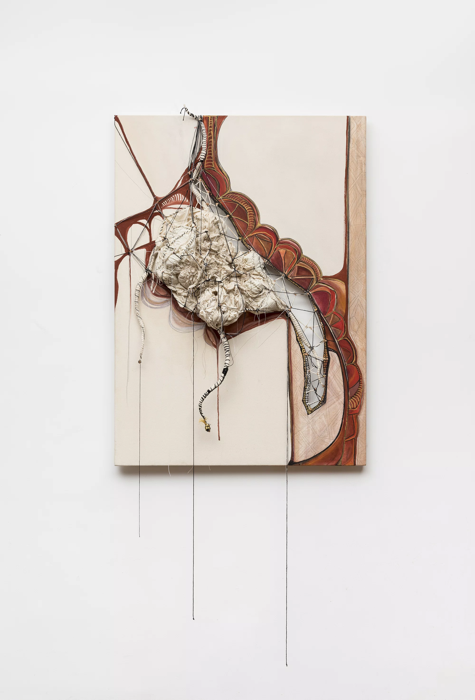 A textured artwork featuring a crumpled form intertwined with intricate lines and colors, blending 3D elements with painting.