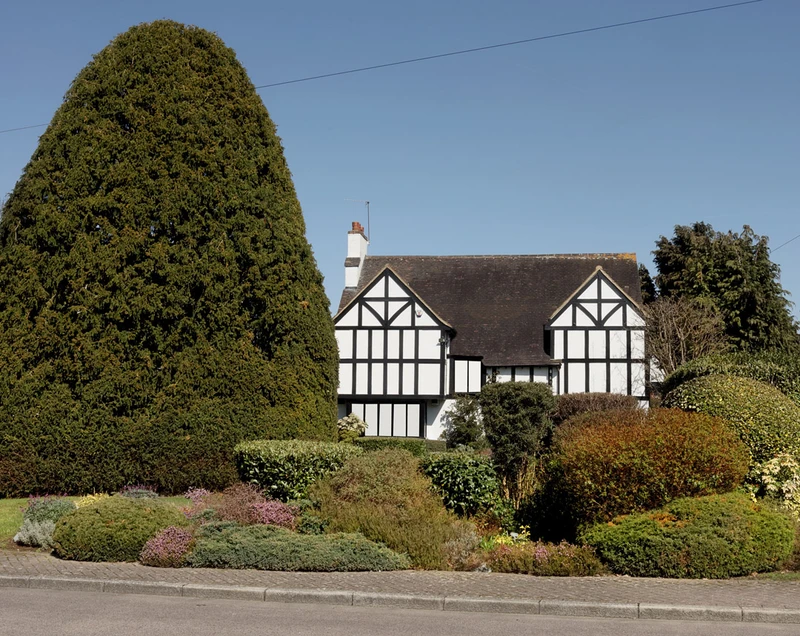 A charming black and white timber-framed house surrounded by vibrant gardens and a large evergreen tree against a clear blue sky.