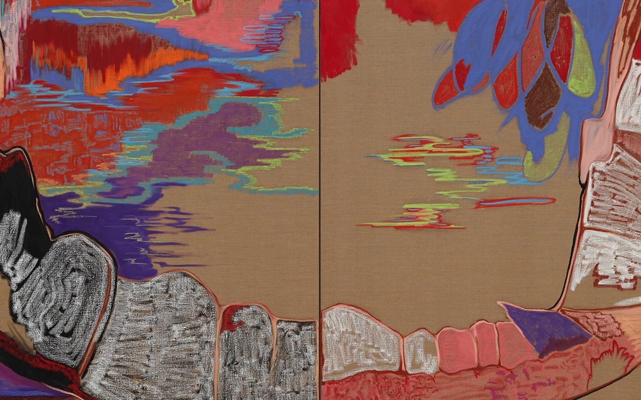A vibrant painting featuring an abstract blend of colors, showcasing a modern artistic style. The composition is filled with energetic strokes and layers, evoking a sense of creativity and expression. | 2025 Dulwich Picture Gallery