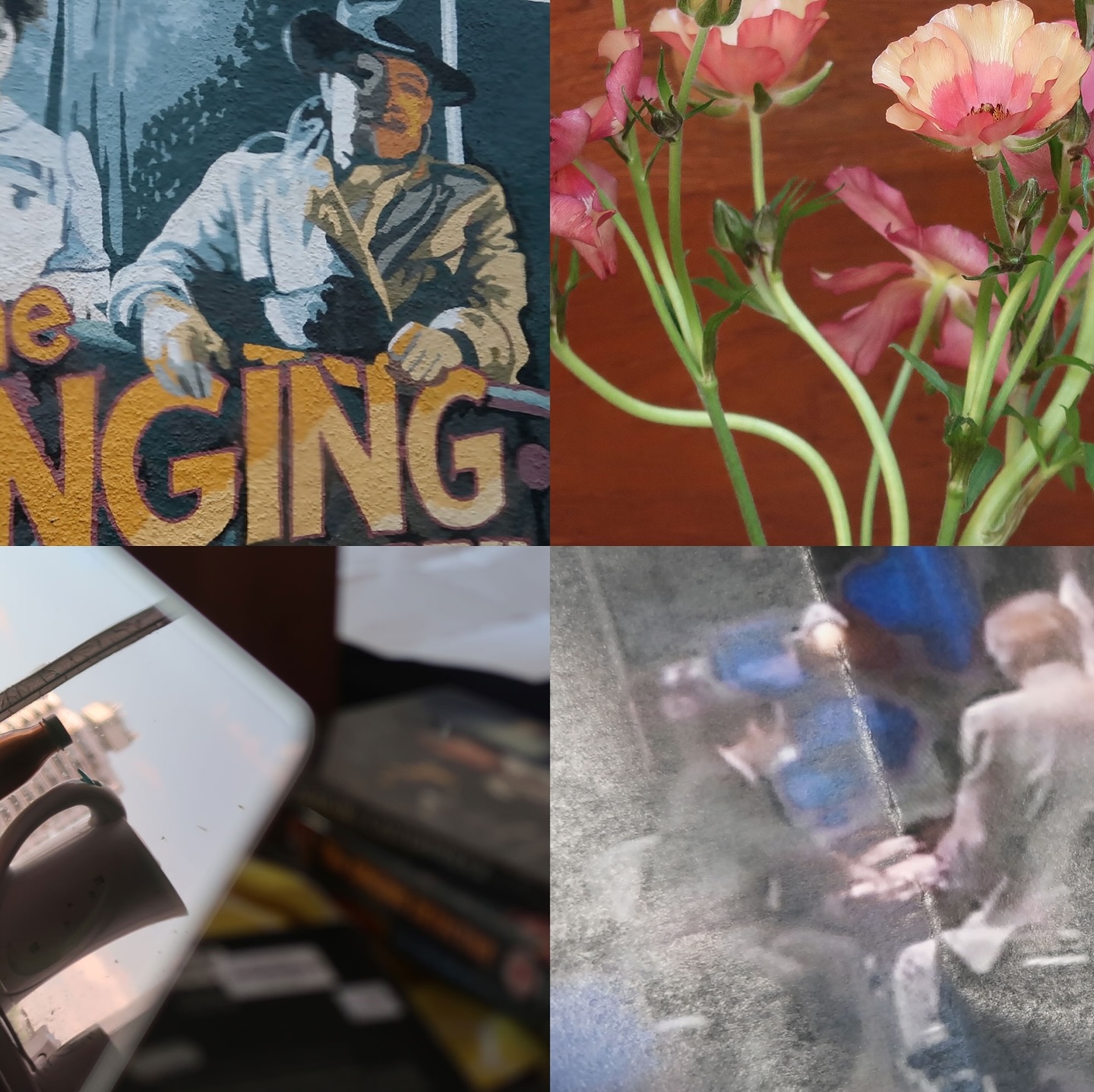 A collage featuring vintage film posters, colorful flowers, a cluttered desk, and a blurred scene of two men in suits.