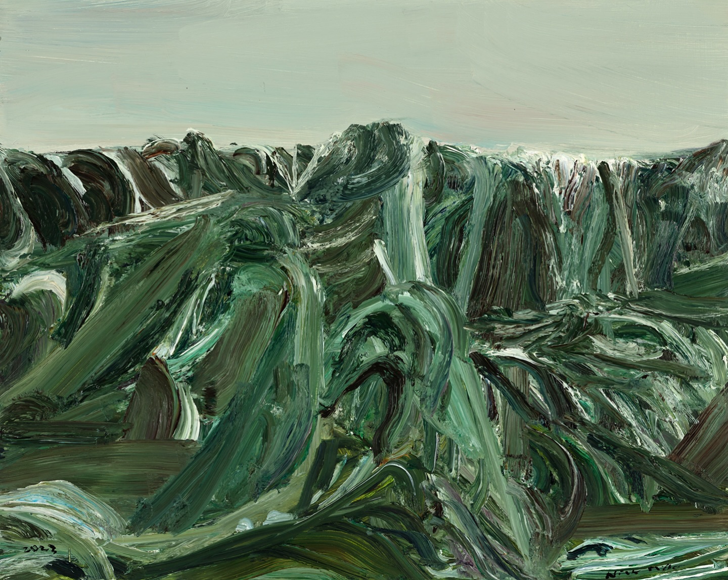 Abstract landscape painting featuring swirling green waves under a pale sky, evoking a sense of movement and natural grandeur.