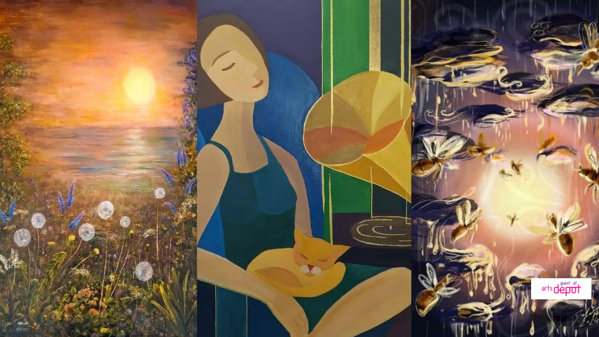 A triptych of vibrant artwork featuring a sunset landscape, a woman with a cat, and bees amid abstract clouds.