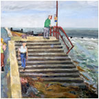 A painting depicting several people ascending a set of stairs, set against an outdoor backdrop with a blue sky and hints of water, suggesting a beach or ocean scene. The stairs lead up toward a wooden pier or dock along the coast.