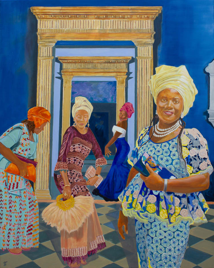 A vibrant scene featuring women in colorful traditional outfits and head wraps, set against a striking blue background.