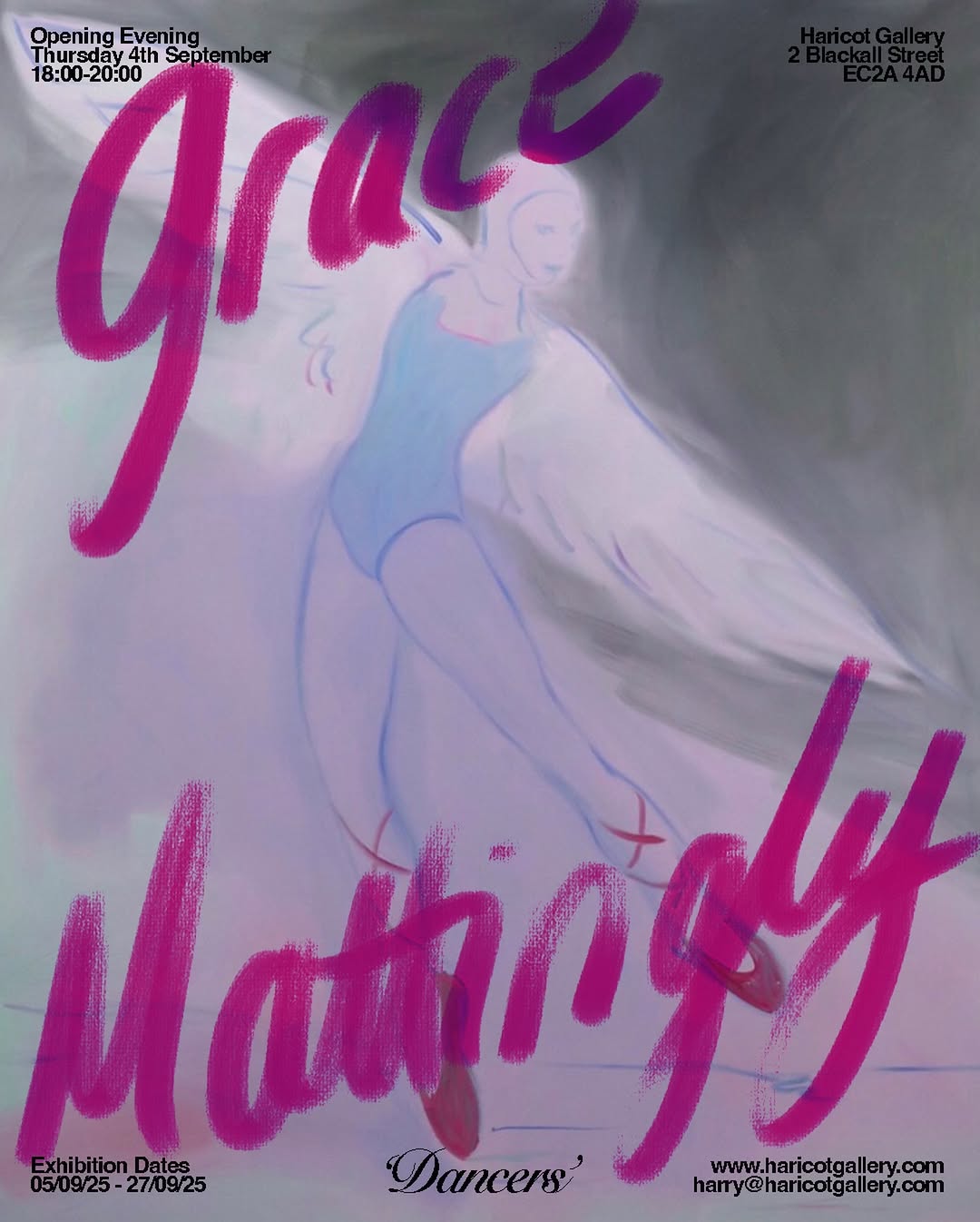 A book cover featuring a drawing of a woman, surrounded by text detailing an opening evening event at Haricot Gallery on Thursday, 4th September. The time is listed as 18:00-20:00, with the address 2 Blackall Street, EC2A 4AD. It includes the name "Grace Mattingly" followed by exhibition dates from 05/09/25 to 27/09/25 and contact information for the gallery.