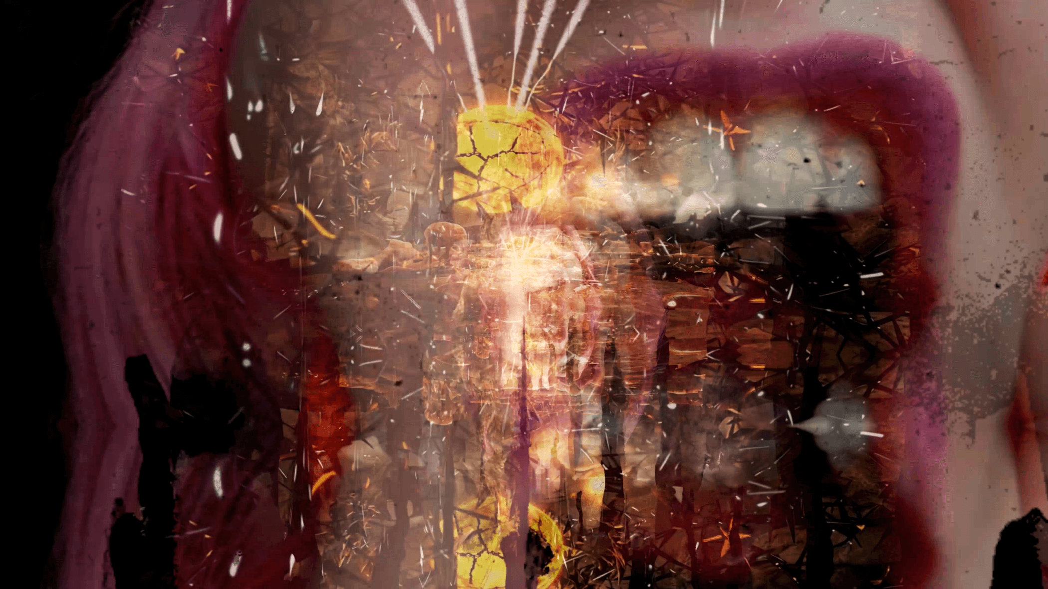 A vibrant explosion of fireworks in shades of magenta and pink illuminating a dark room.