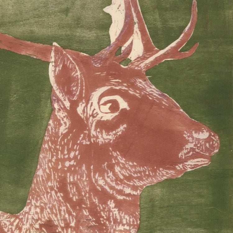 A deer with antlers stands in front of a green background, depicted in a painting style. | 2025 The British Museum