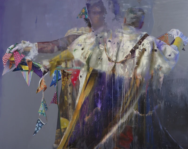 A painting depicting a man and a woman, showcasing artistic details and vibrant colors. The figures are rendered with expressive features, surrounded by an imaginative background that complements the subjects.