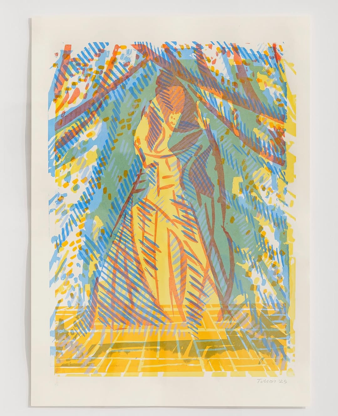 A vibrant abstract print of a couple embracing in a colorful, impressionistic setting with bold lines and layered textures.