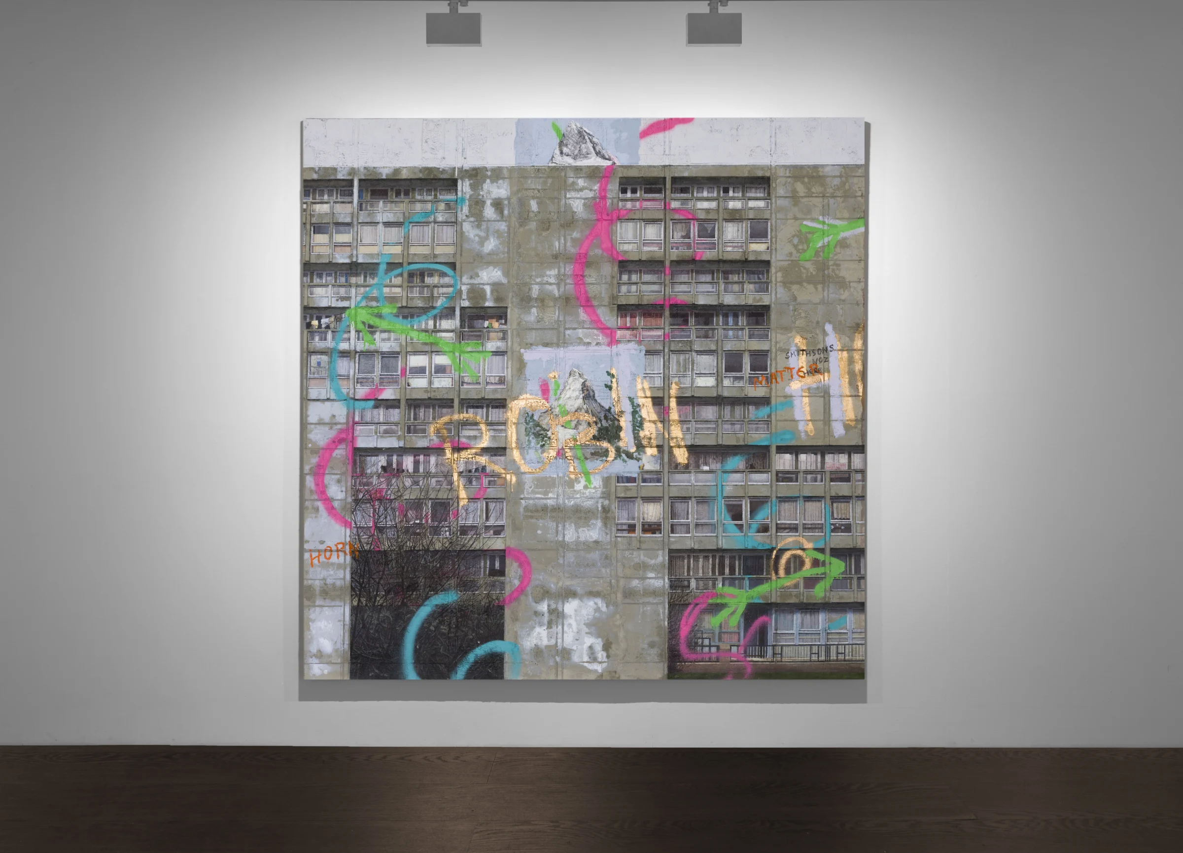 A painting displayed on a wall in an indoor setting, part of an art collection.