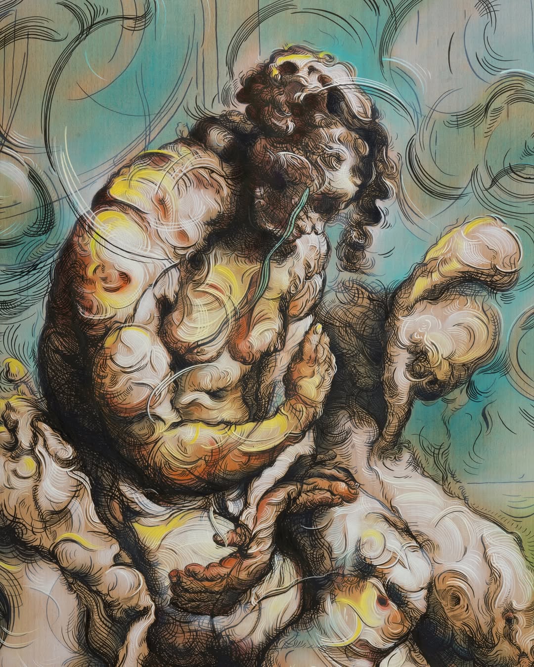 A painting depicting a person with curly hair, showcasing vibrant colors and artistic brush strokes.