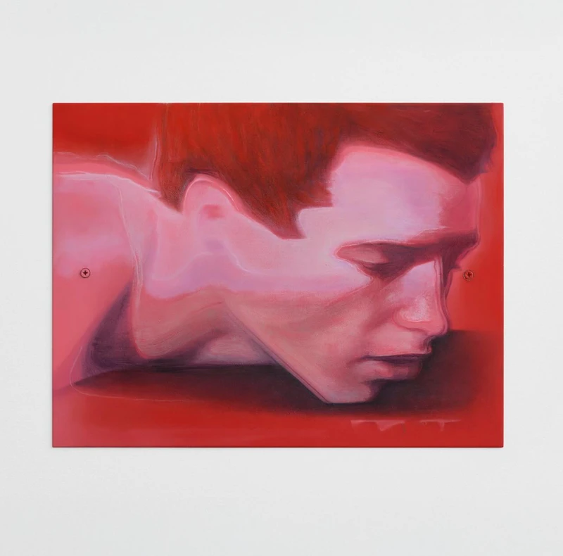 A vibrant red painting featuring a close-up of a figure's neck and shoulders, blending soft pink hues with a prominent texture.