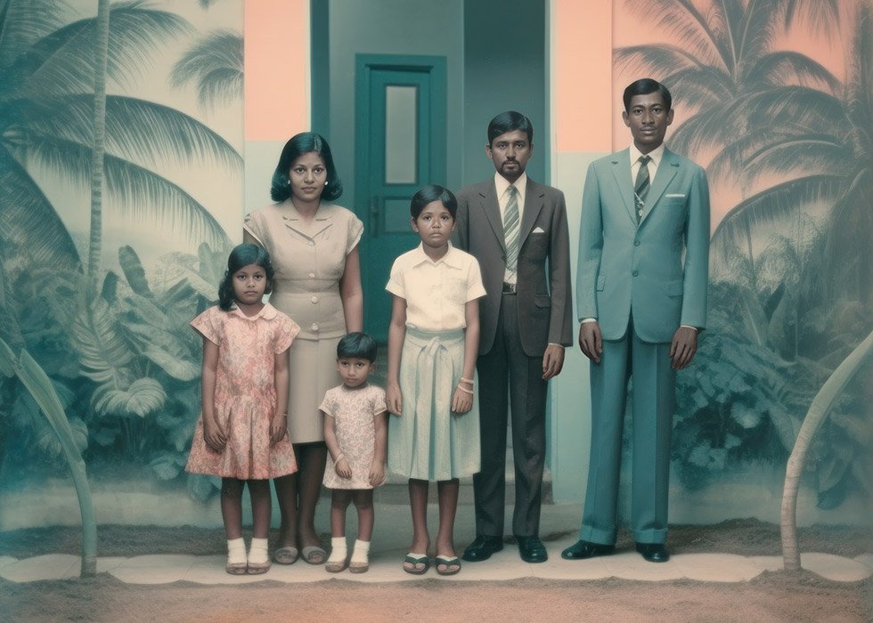 A family of five stands in front of a tropical mural, dressed in formal and semi-formal attire, with palm trees in the background.