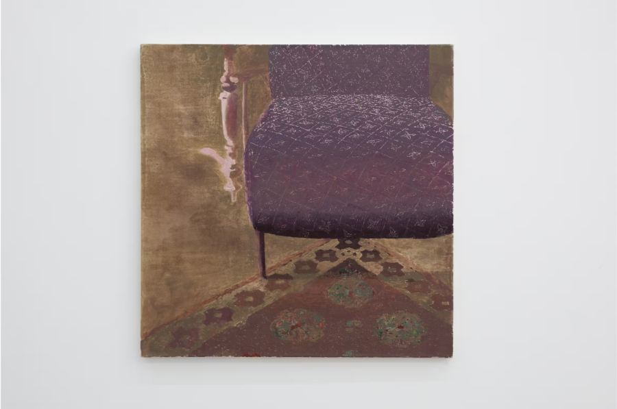 A painting of a chair displayed in a rectangular picture frame, set against a wall.