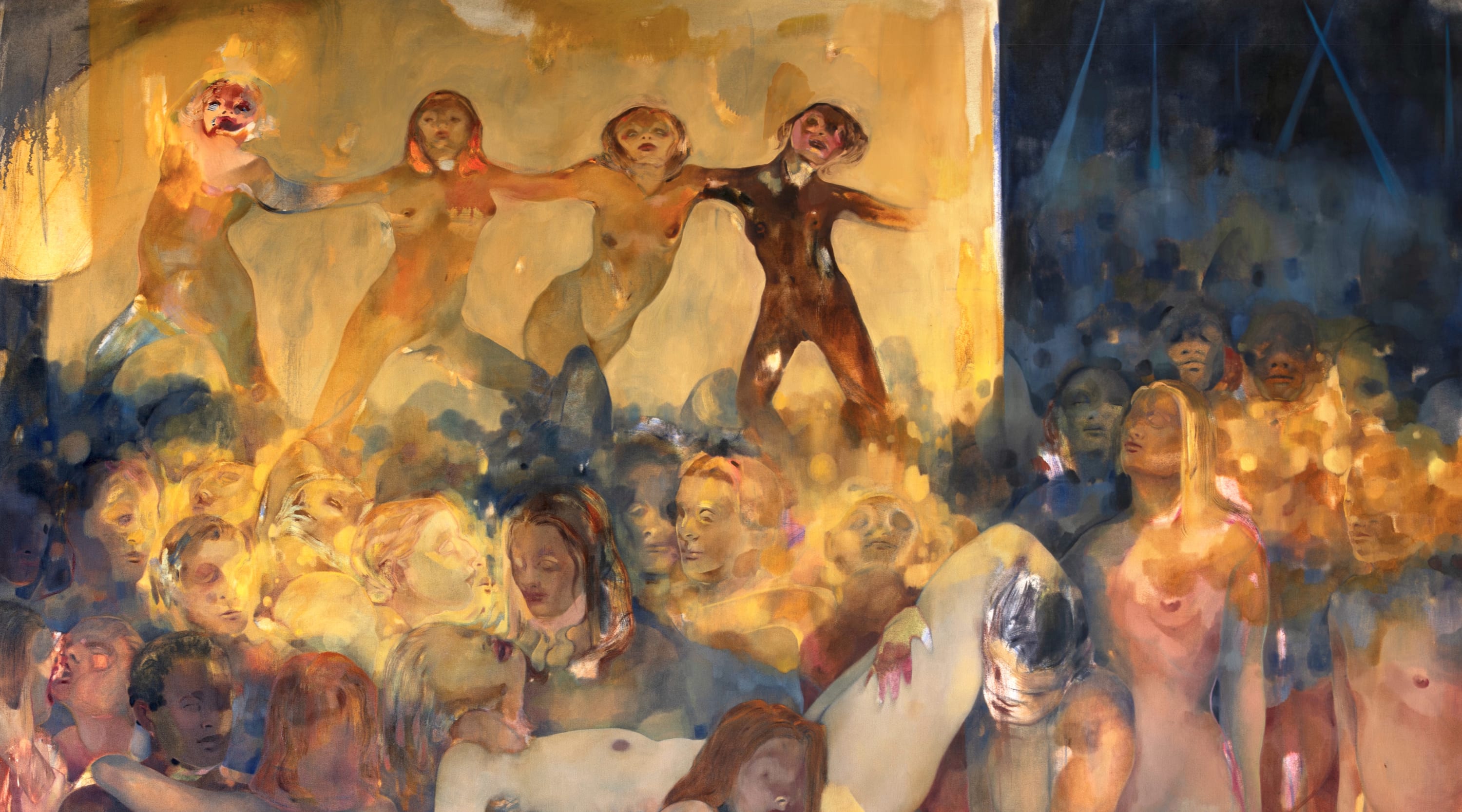 A vibrant painting depicting several people gracefully dancing, showcasing a blend of colors and dynamic movements, illustrating the joy and energy of the moment.