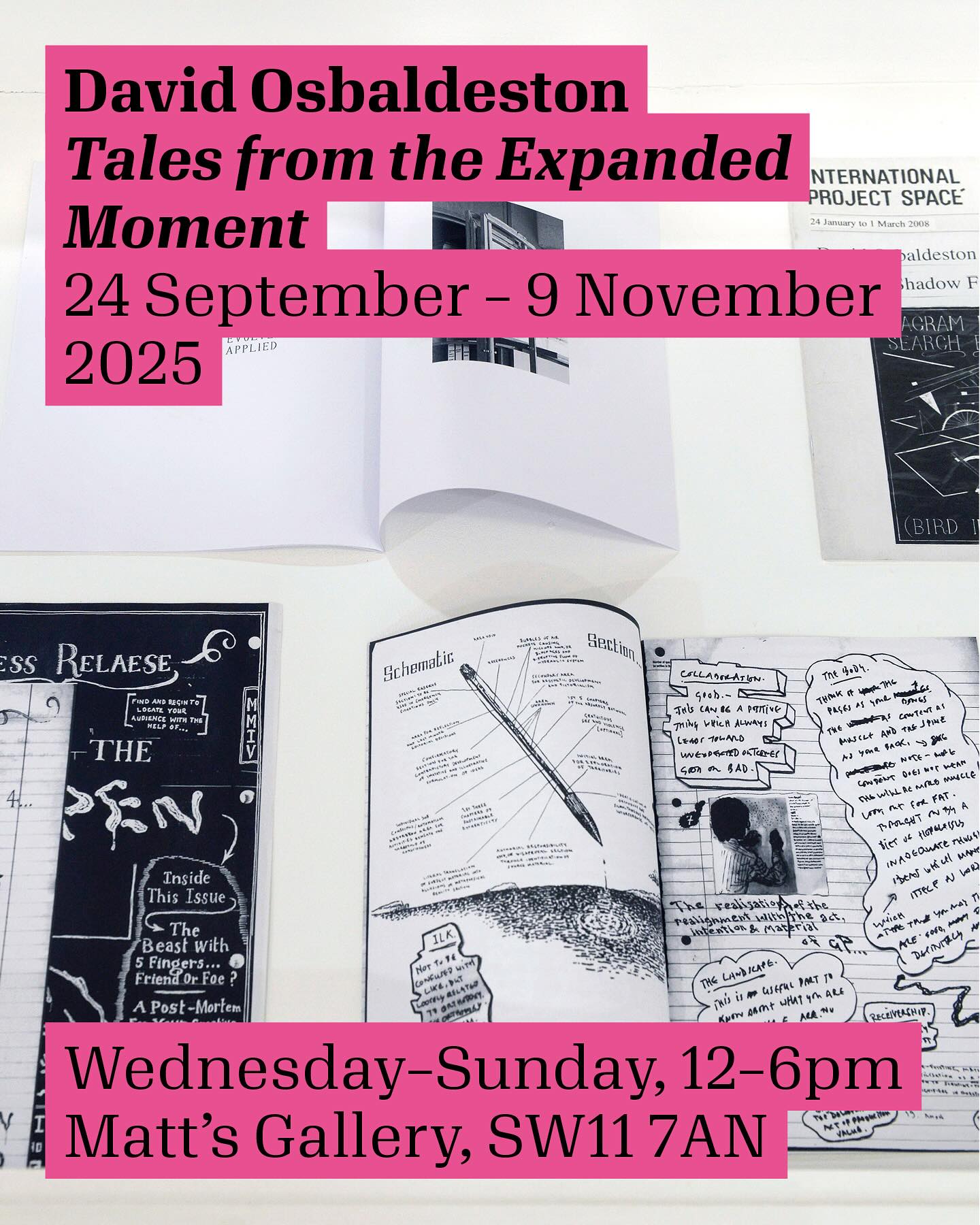 Promotional poster for David Osbaldeston's "Tales from the Expanded Moment" exhibition, displaying event details and artwork.