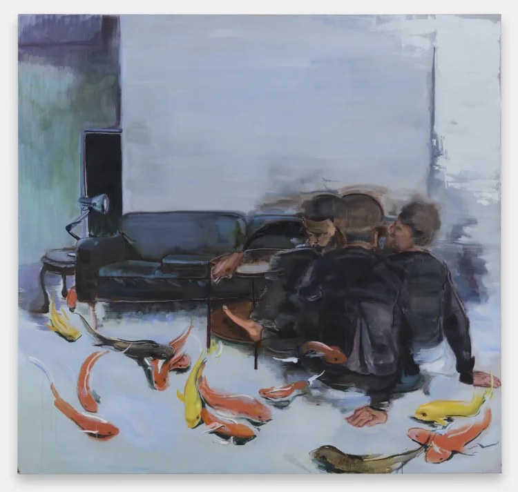 Two figures sit on a sofa surrounded by colorful koi fish swimming across the floor in a muted interior space.