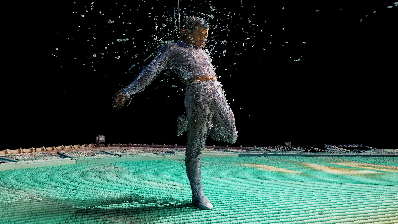 a digital rendering of a man jumping on green floor