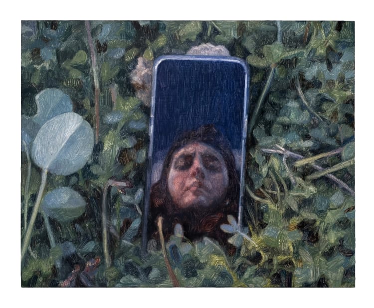 A person's face is visible on a cell phone screen, surrounded by a background featuring plants and outdoor elements, resembling a painting.