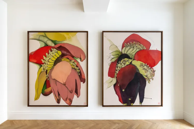 Two framed pictures hanging on a wall, featuring artistic designs, with one picture depicting a rose.